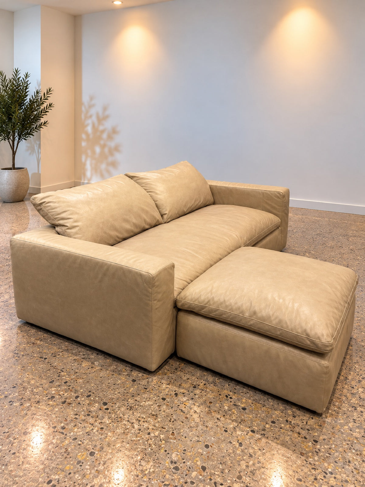 RH Cloud Leather Loveseat + Ottoman — Beige